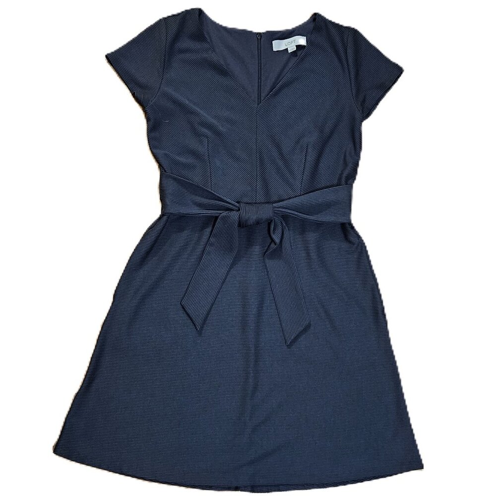 LOFT Petite Striped Tie Waist Flare Pocket Dress 8P EUC